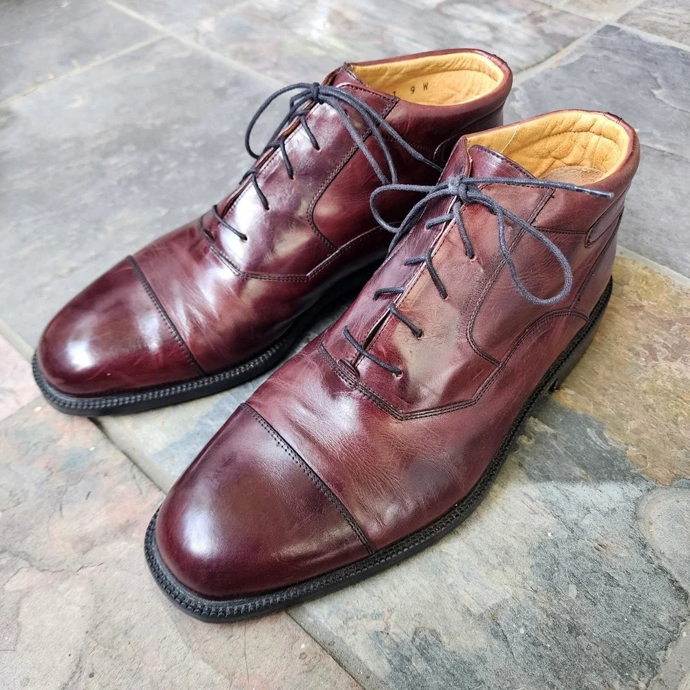 Johnston & Murphy Cellini Mens Boots Made In Italy, Sz 9 W, Brown Oxford Captoe